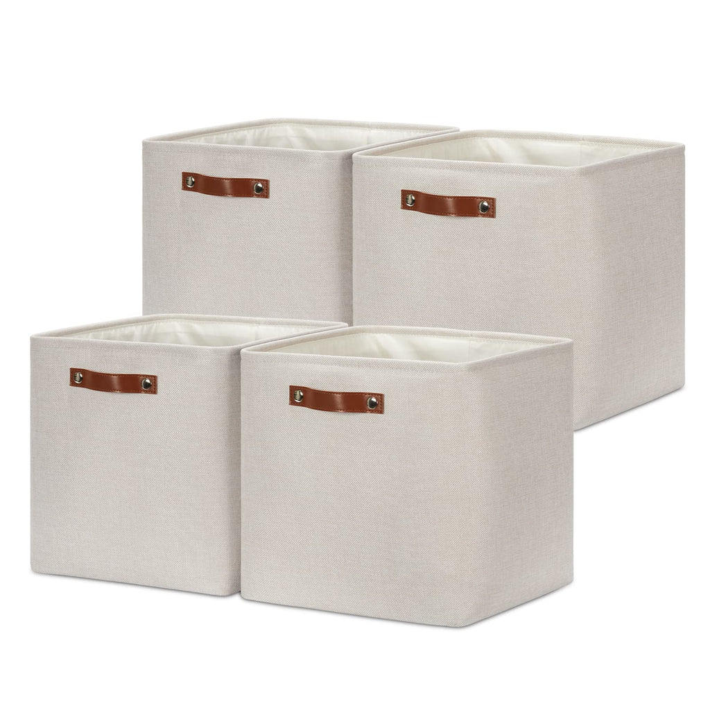 DULLEMELO Fabric Storage Bins for Laundry, Home, Foldable Storage Baskets for Shelves, Toys, Collapsible Storage Bins for Office, Closet,Bedroom(White&Khaki,L-15"x11"x9.5",4-Pack)