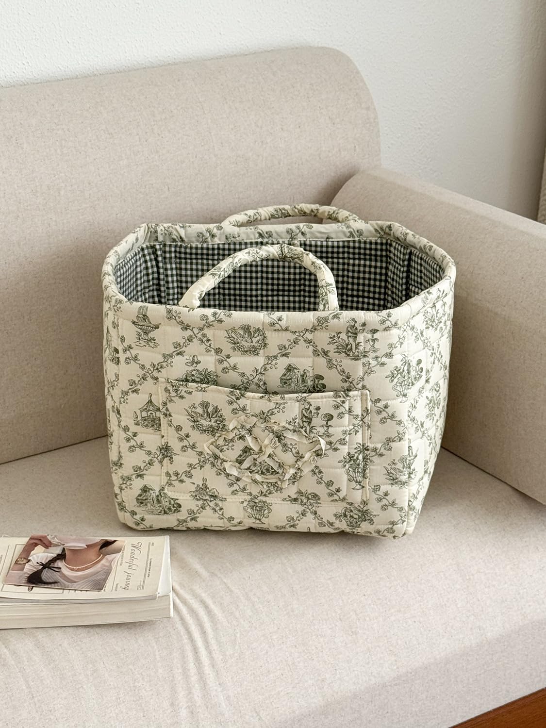 Storage Basket Boho Fabric Large Collapsible Floral Laundry Nursery Hamper Portable Folding Storage for Clothes Toys (Vine-Blue A)
