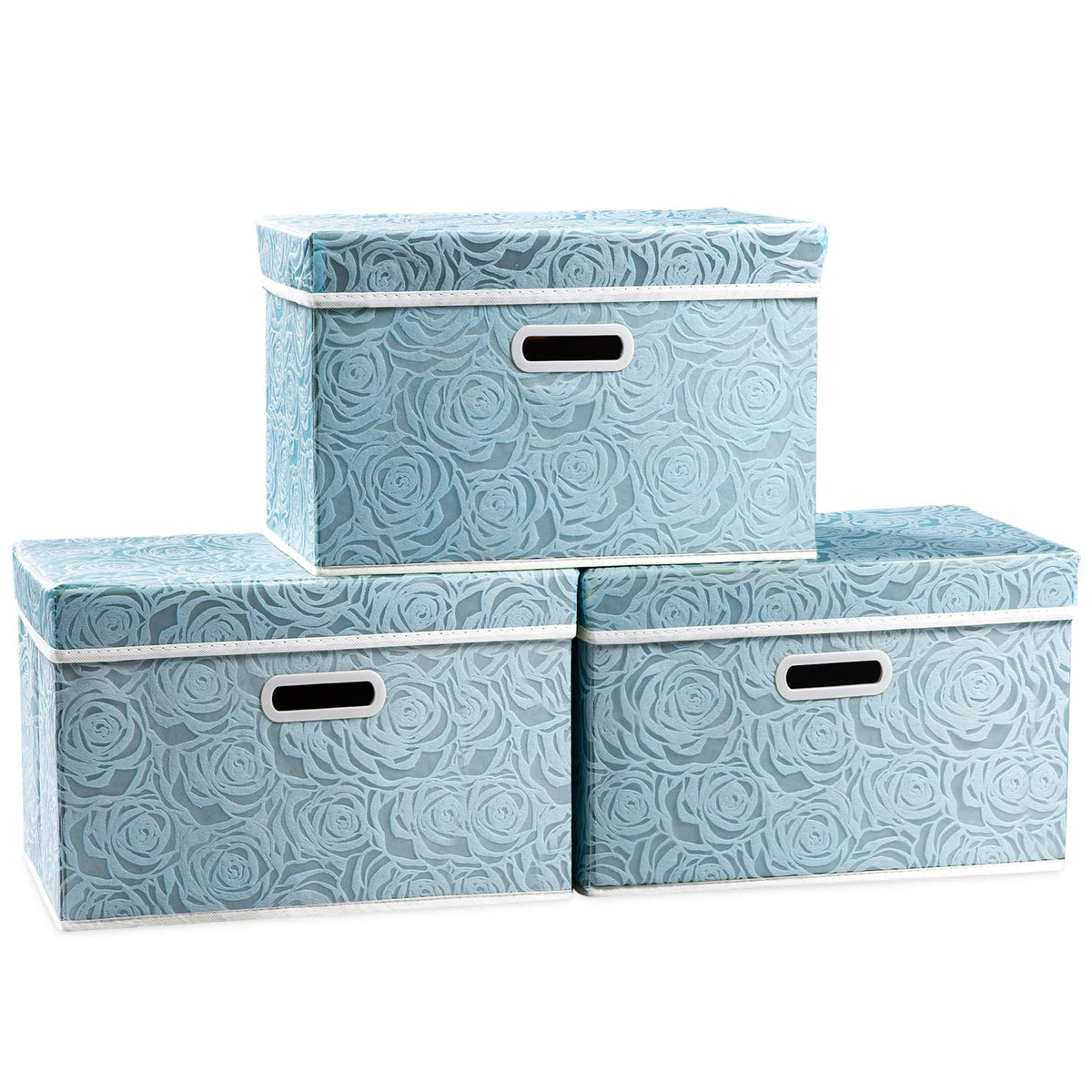 PRANDOM Larger Collapsible Storage Cubes with Lids Fabric Decorative Storage Bins Boxes Organizer Containers Baskets with Cover Handles for Bedroom Closet Living Room Blue 17.7x11.8x11.8 Inch 3 Pack