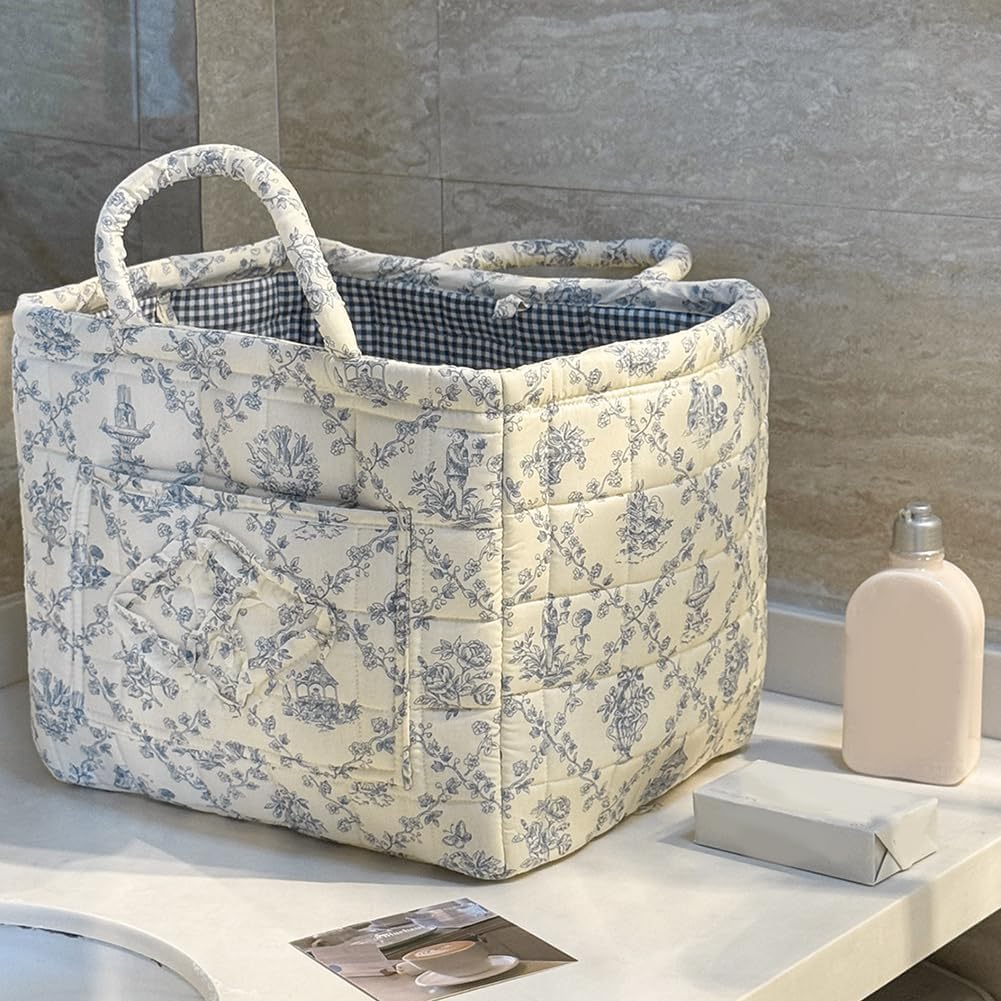 Foldable Laundry Basket Boho Bear Storage Basket Floral Quilted Fabric Car Storage Basket Handles Large Laundry Baskets for Clothes and Dolls