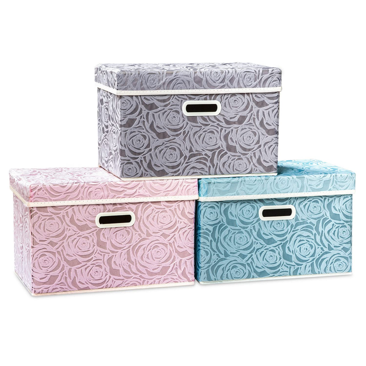 PRANDOM Larger Collapsible Storage Cubes with Lids Fabric Decorative Storage Bins Boxes Organizer Containers Baskets with Cover Handles for Bedroom Closet Living Room Blue 17.7x11.8x11.8 Inch 3 Pack