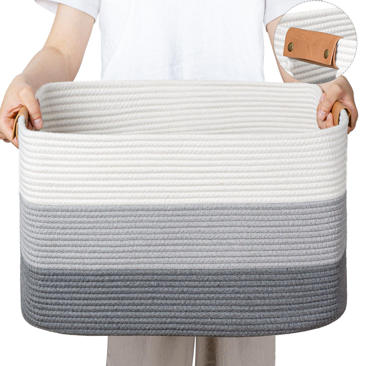 danpinera Blanket Basket, 72L Woven Storage basket with Leather Handle, Eco-friendly Decorative Storage Organization in Bathroom & Living Room for Towels 22 ''*17 ''*11.8 '', Gradient Brown
