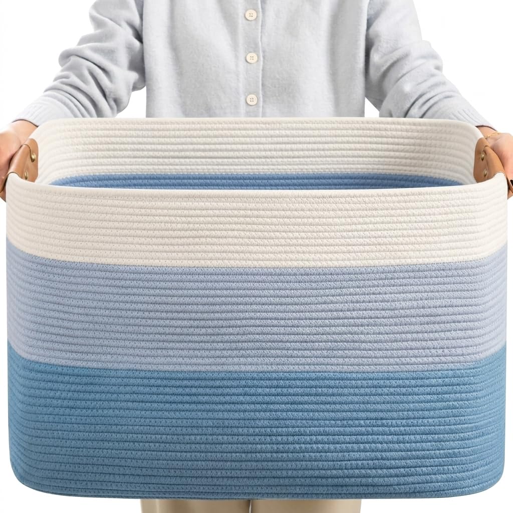 danpinera Blanket Basket, 72L Woven Storage basket with Leather Handle, Eco-friendly Decorative Storage Organization in Bathroom & Living Room for Towels 22 ''*17 ''*11.8 '', Gradient Brown