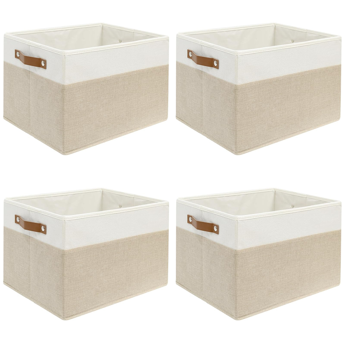 6 Pack Fabric Storage Baskets with Handles (White with Beige,15" L*10.2" W*9" H)