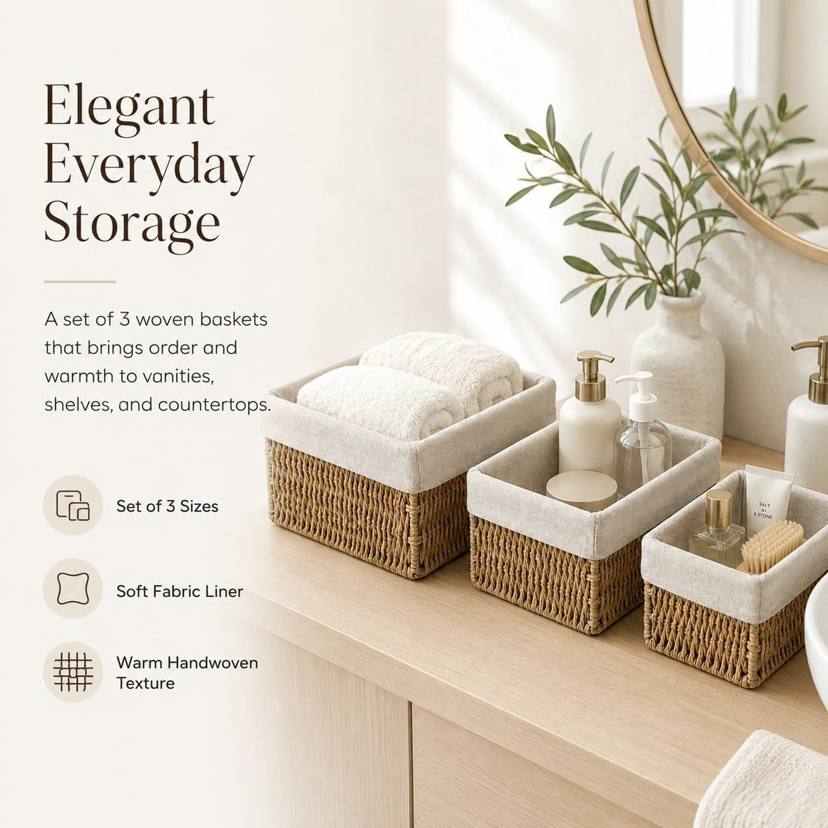 Wicker Storage Baskets Set of 3, Bathroom & Shelf Bins
