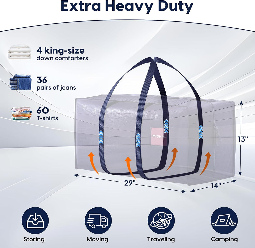 6 Pack Moving Bags Heavy Duty 210GSM with Full-Open Side Zipper, 93L 220lbs Waterproof Foldable Storage Totes for College Dorm Move-In, Moving Boxes Alternative & Home Organization, Blue
