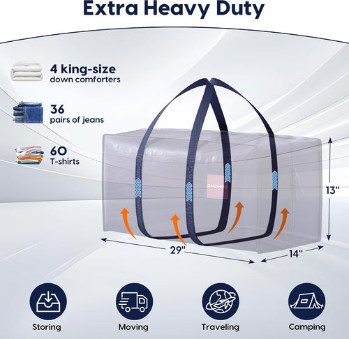 6 Pack Moving Bags Heavy Duty 210GSM with Full-Open Side Zipper, 93L 220lbs Waterproof Foldable Storage Totes for College Dorm Move-In, Moving Boxes Alternative & Home Organization, Blue