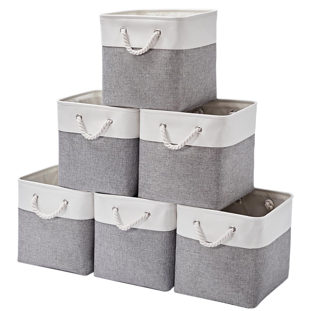 MidmmVick 12 x 12 Inch Cube Storage Bins, 6 Pack Large Collapsible Fabric Storage Bin with Ropes, Foldable Storage Cubes for Home, Office,Closet, Clothes, Toys Organizer (White & Beige)