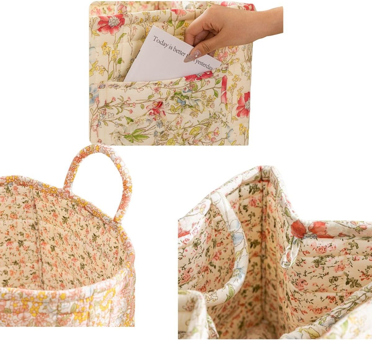 Quilted Fabric Storage Basket with Handles – Boho Foldable Floral Organizer Bin for Home, Picnic, Shopping, Travel 13"x11"x10" (Olive Floral)