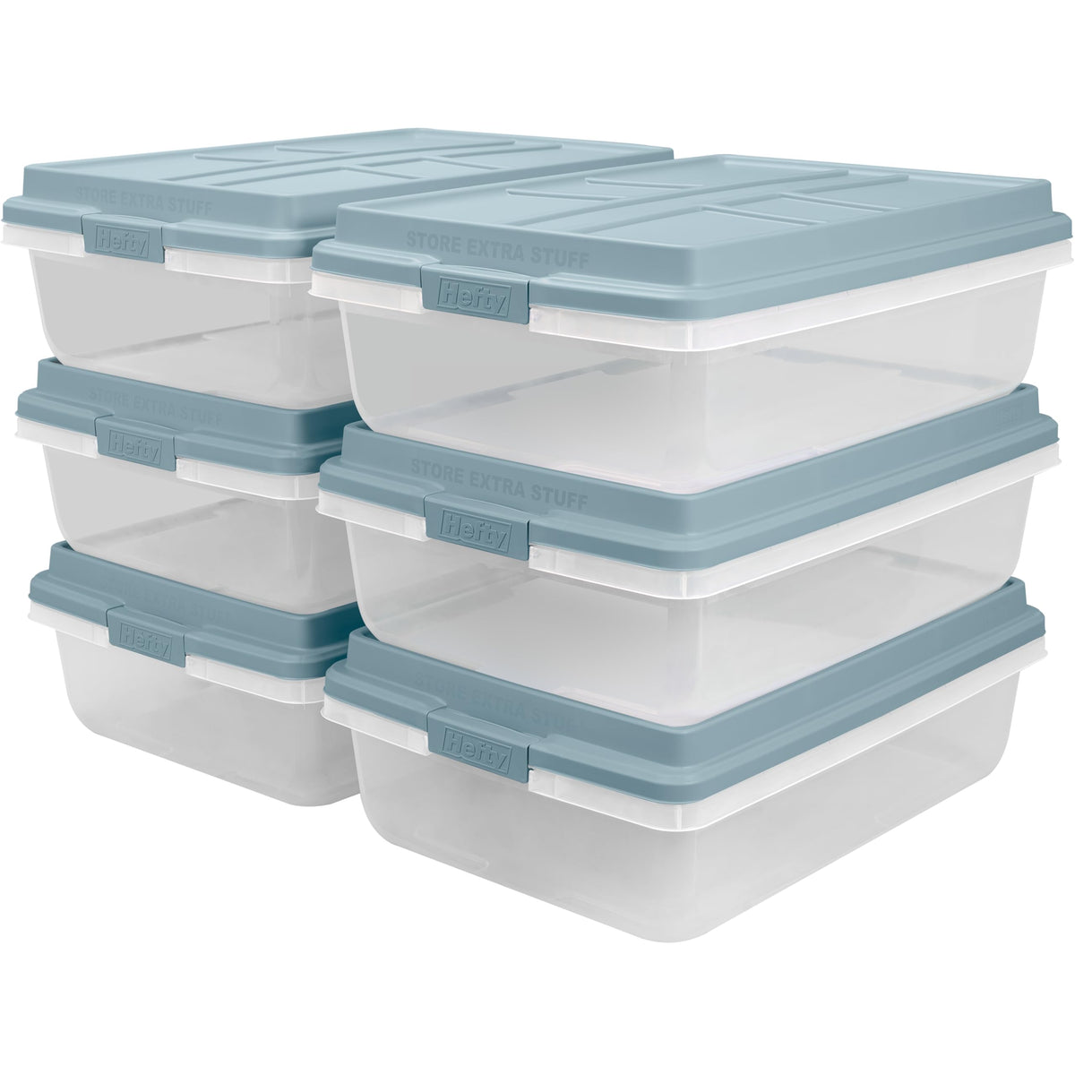 Hefty HI-RISE Stackable Storage Bins - Under Bed Storage Containers with Lids, Shoe Organizer, Plastic Storage Bins, Clear Shoe Boxes with XL Lid-Locking Latches, Durable Double Rim - 72qt (6 Pack)