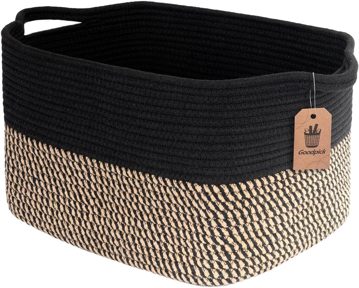 Goodpick Woven Storage Basket for Shelves, 13" x 10" x 9", Black Jute