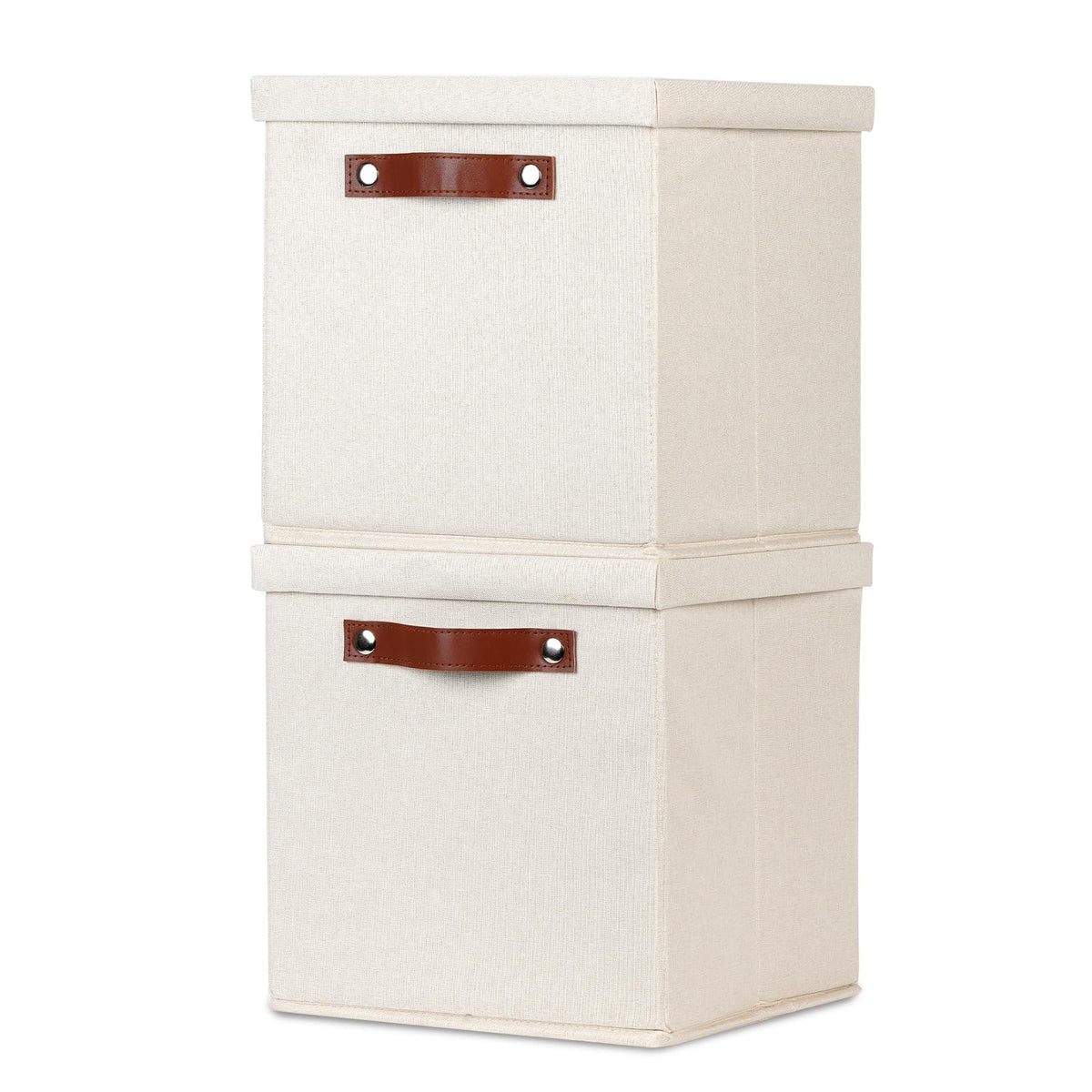 Temary Foldable Storage Bins with Lids, [2-Pack] Large Storage Baskets with Lid, Fabric Storage Bin for Organizing Home (White & Khaki, 15x11x9.5inch)