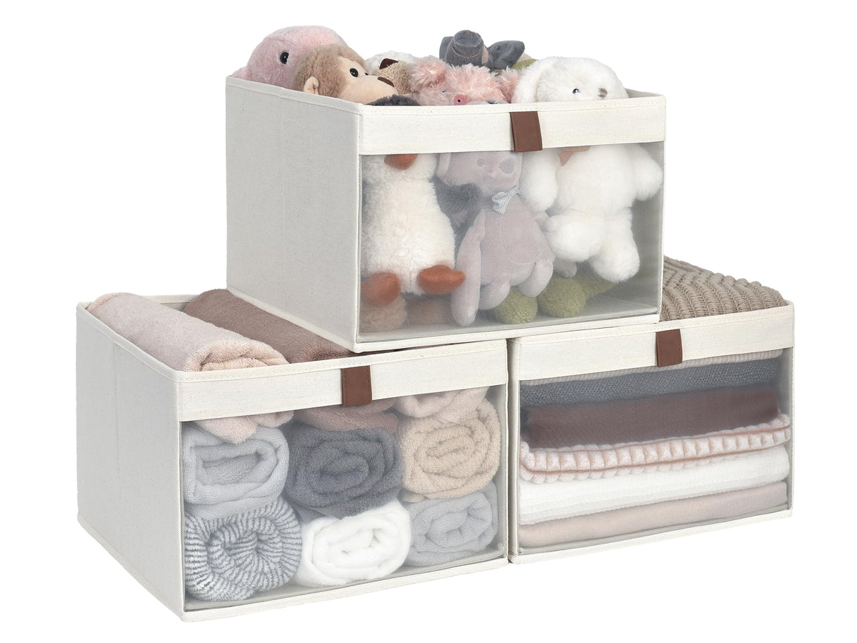 StorageWorks Fabric Storage Bins with Clear Window, Beige, 3-Pack
