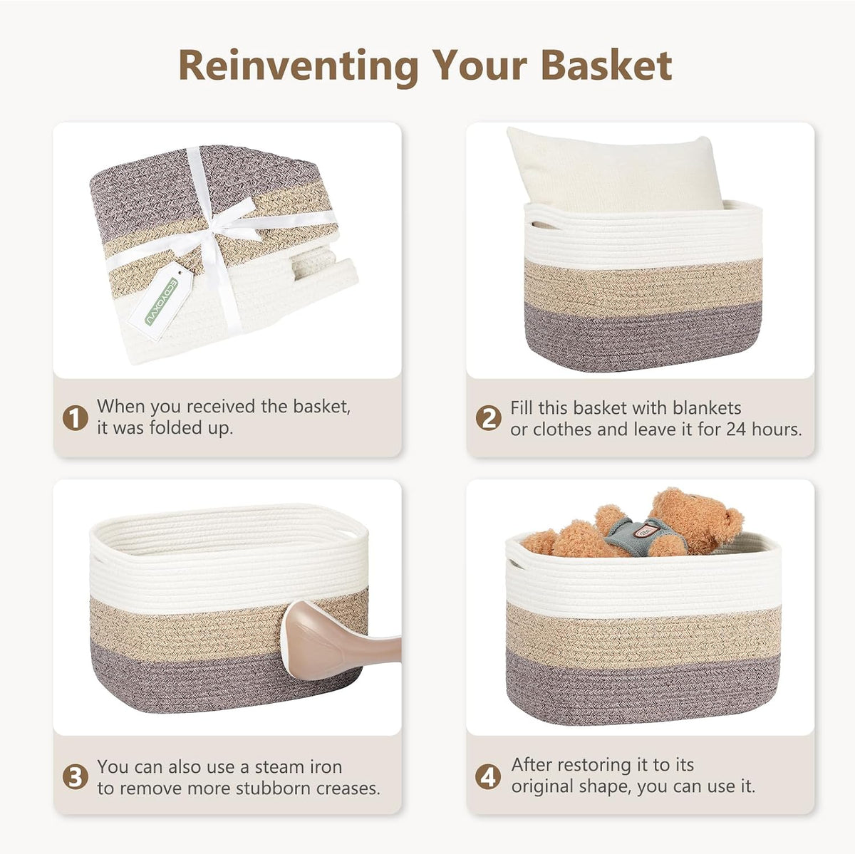 ECDYQXVU 15x10x9 Woven Cotton Rope Storage Basket, Leather Handles 1 Pack