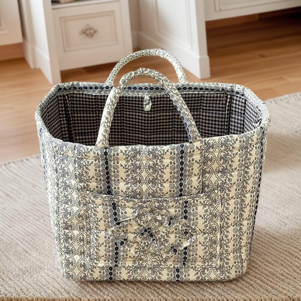 Foldable Laundry Basket Boho Bear Storage Basket Floral Quilted Fabric Car Storage Basket Handles Large Laundry Baskets for Clothes and Dolls