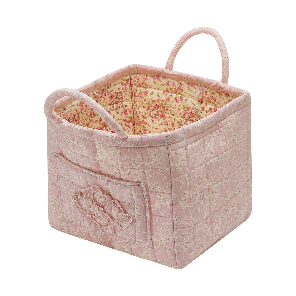 Boho Fabric Storage Basket Quilted Floral Print Baskets Organizer Bin with Handles for Home, Picnic, Shopping (Green, L)