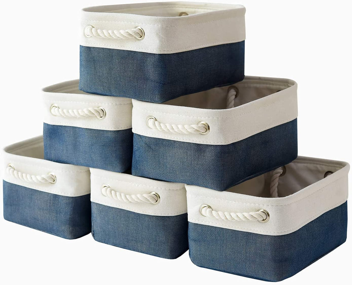 TheWarmHome Storage Basket for Organizing - Medium 3 Pack 14x10x7 inch Fabric Storage Cubes for Shelves with Rope, Collapsible Storage Bin for Organizer Closet Cloth Gift Toy (White & Jean Blue)