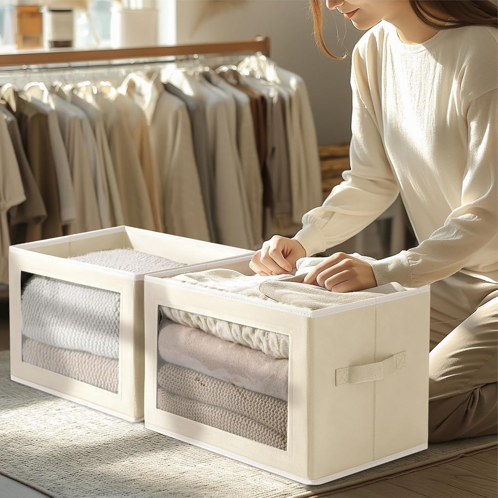 Homsorout Storage Bins with Lids - Fabric Closet Storage Bins with Window, Collapsible Baskets for Shelves 4 Pack, Home Decorative Boxes for Clothes, Closet, Office, Beige