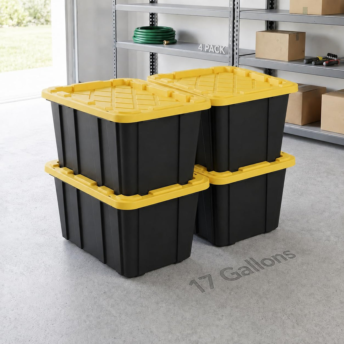 6 Pack 27 Gallon Heavy Duty Storage Bins with Snap Lids, Durable Plastic Storage Totes with Stackable Black Containers & Yellow Latching Covers for Home Garage Moving Organization