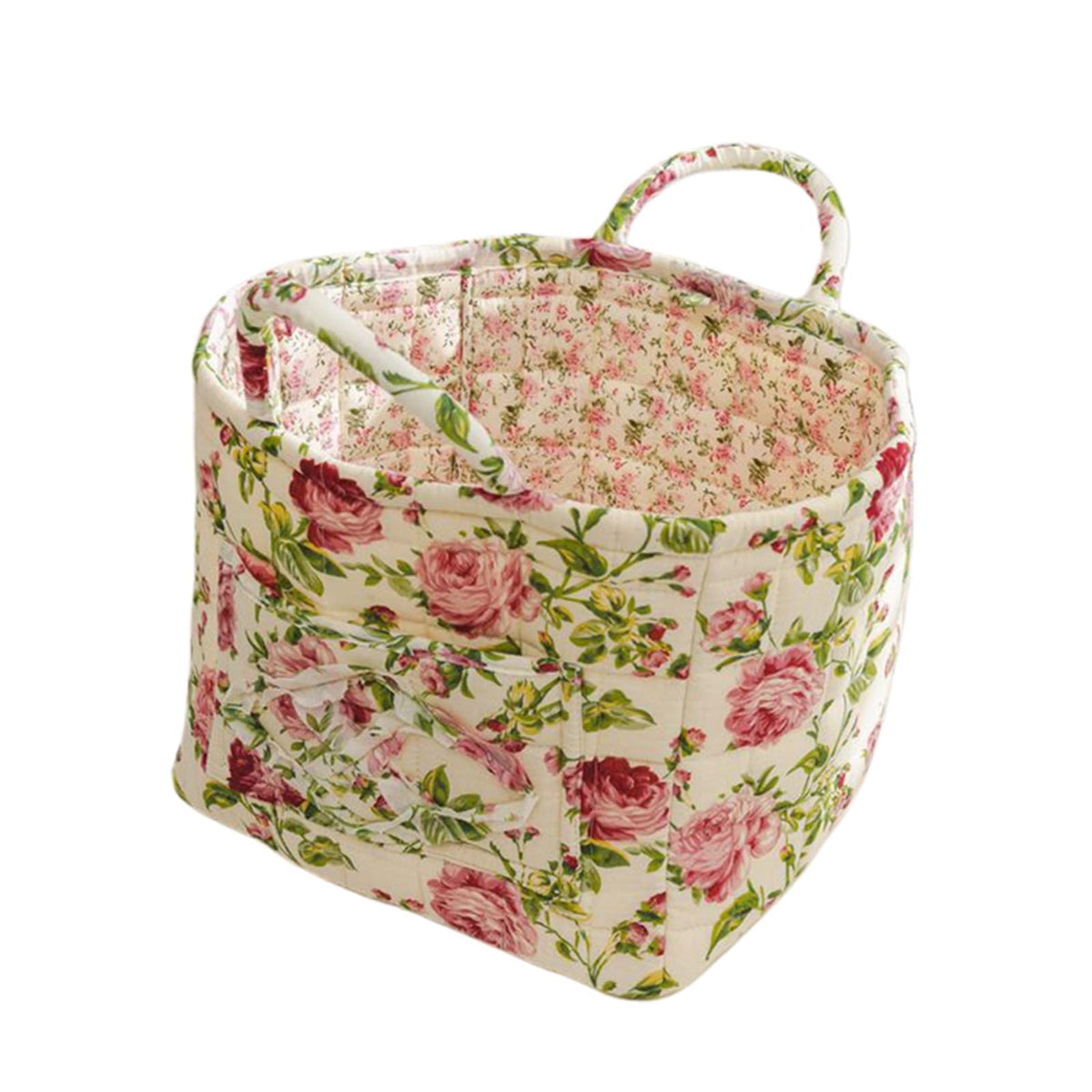Quilted Fabric Storage Baskets with Handles, Boho Floral Gift Basket Foldable Organizer Bin for Home Decor, Picnic, Travel 12''x10''x10'' (Light Green)