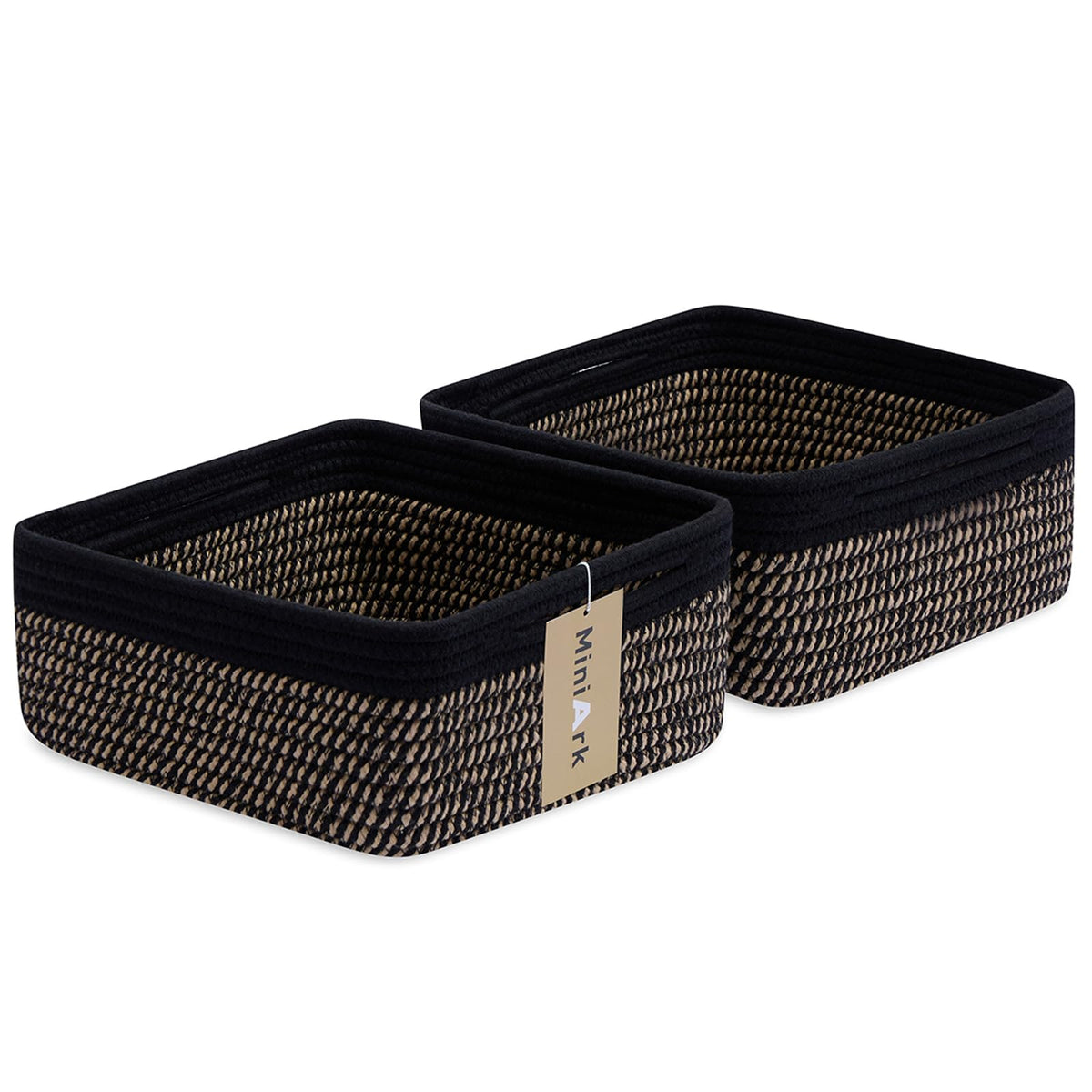 MiniArk Small Square Shallow Baskets for Organizing, 9.7x9.7x4.3 Inch Rope Woven Storage Bins for Cubes Closet, Shelves Storage, Boho Decorative Basket, 2 Packs Black