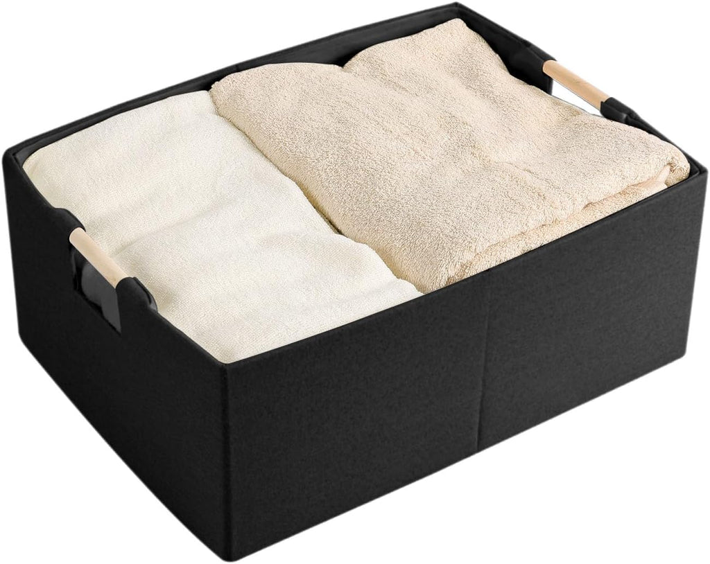 Fabric Storage Box, 15x11in Foldable Cotton Linen Basket with Wooden Handle