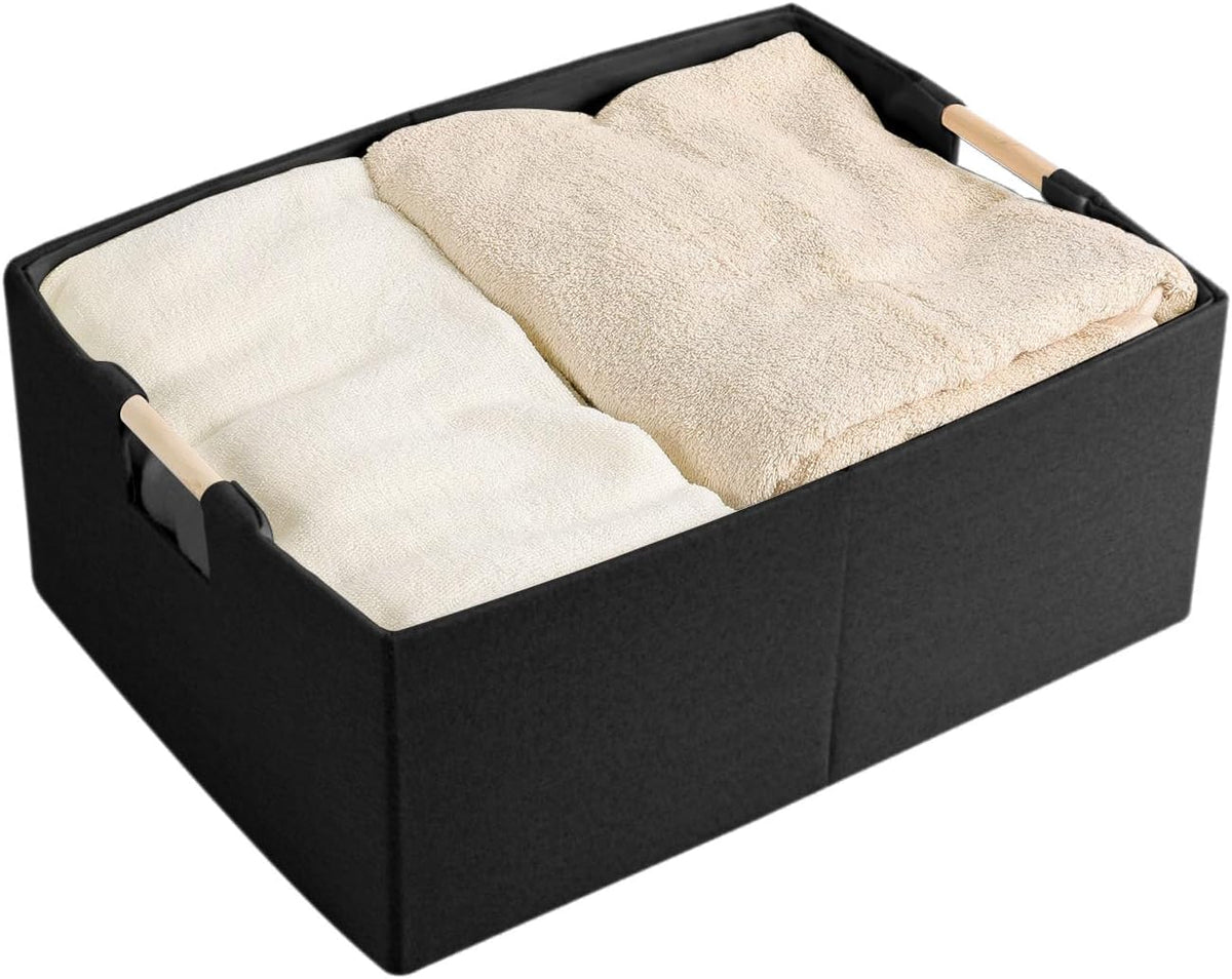 Fabric Storage Box, 15x11in Foldable Cotton Linen Basket with Wooden Handle