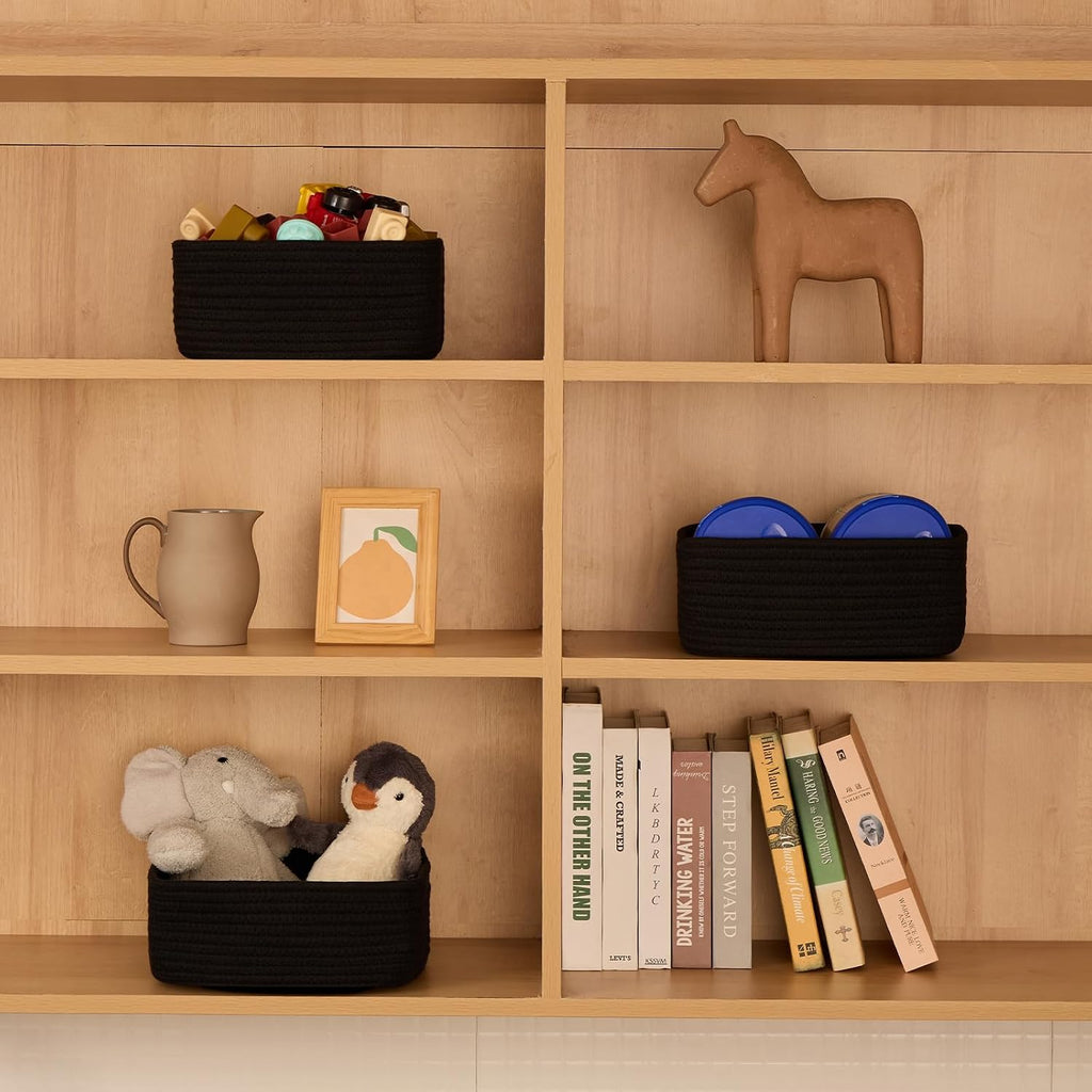 MiniArk Small Square Shallow Baskets for Organizing, 9.7x9.7x4.3 Inch Rope Woven Storage Bins for Cubes Closet, Shelves Storage, Boho Decorative Basket, 2 Packs Black