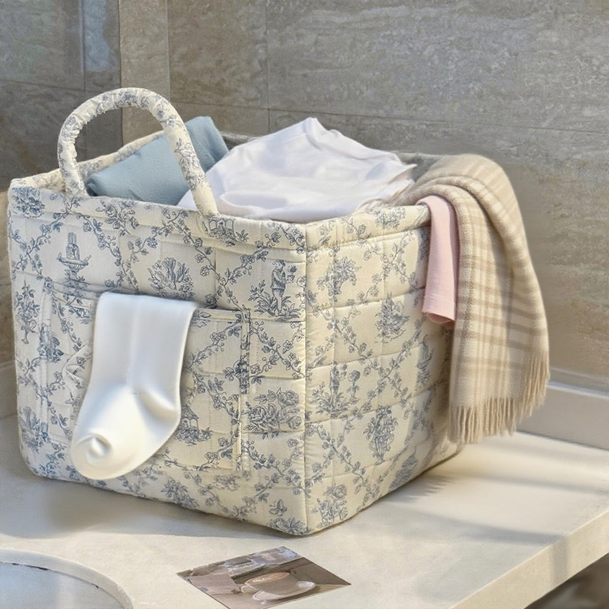 Foldable Laundry Basket Boho Bear Storage Basket Floral Quilted Fabric Car Storage Basket Handles Large Laundry Baskets for Clothes and Dolls