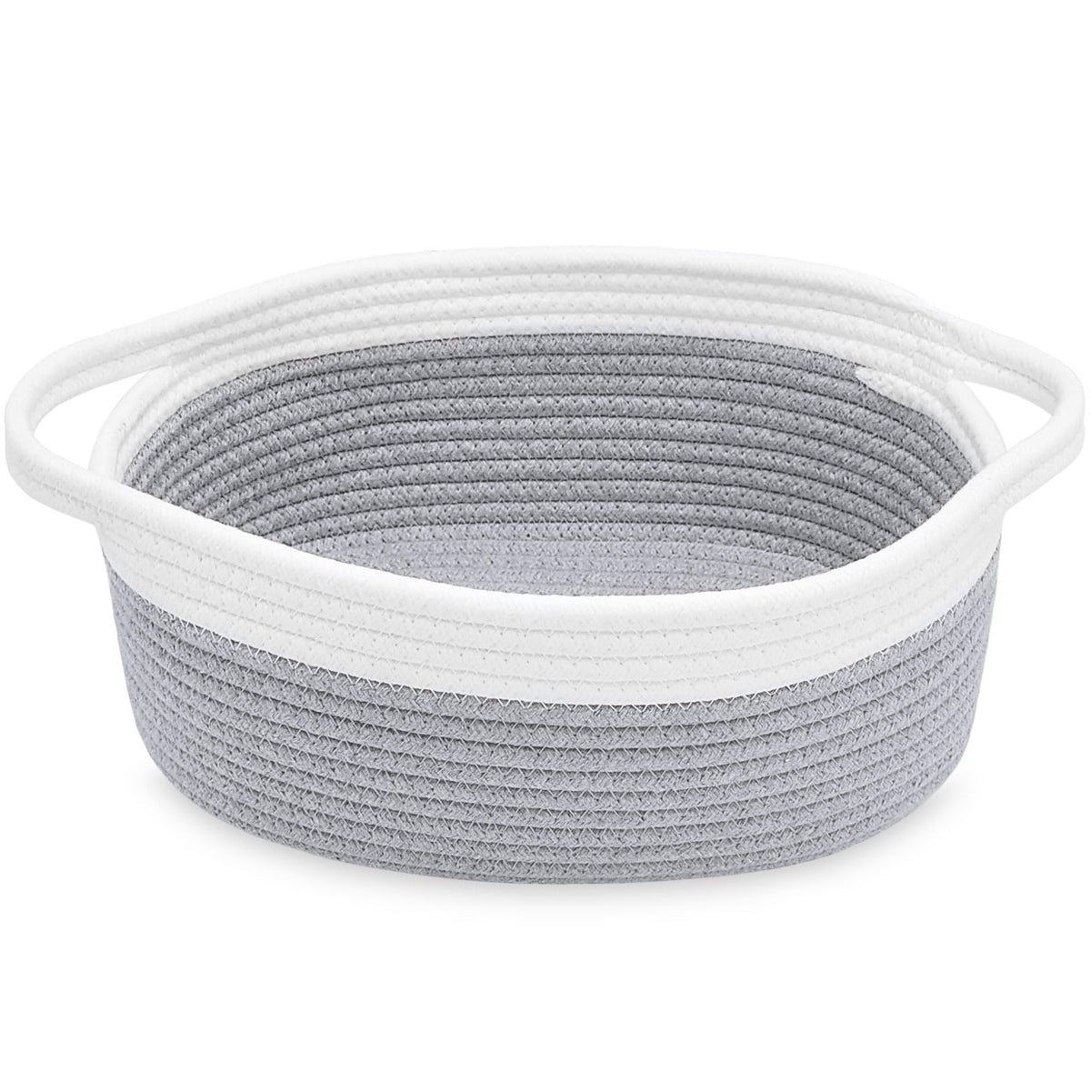 ABenkle Small Basket with Handles, Boho Decorative Rope Woven Dog Cat Toy Storage Bin Shelf Storage Organizer, Easter Christmas Gift Basket, 12"x8"x5", White