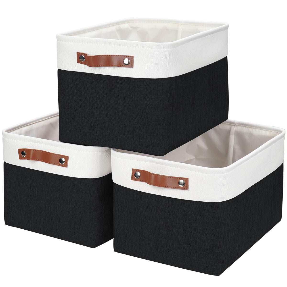Bagnizer Storage Bins Large Fabric Storage Baskets for Shelves 3 Pack, Decorative Linen Closet Baskets with Handles for Organizing, Shelf, Clothes, Home, Office, 15x11x9.5Inches (Grey&White)