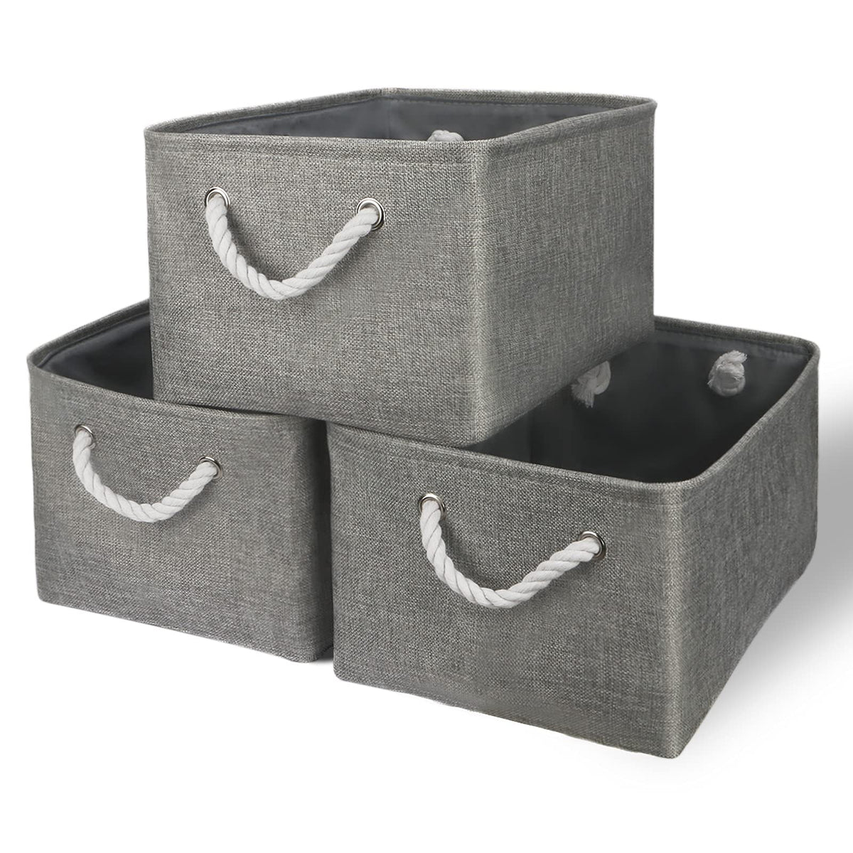 TheWarmHome Storage Basket for Organizing - Medium 3 Pack 14x10x7 inch Fabric Storage Cubes for Shelves with Rope, Collapsible Storage Bin for Organizer Closet Cloth Gift Toy (White & Jean Blue)