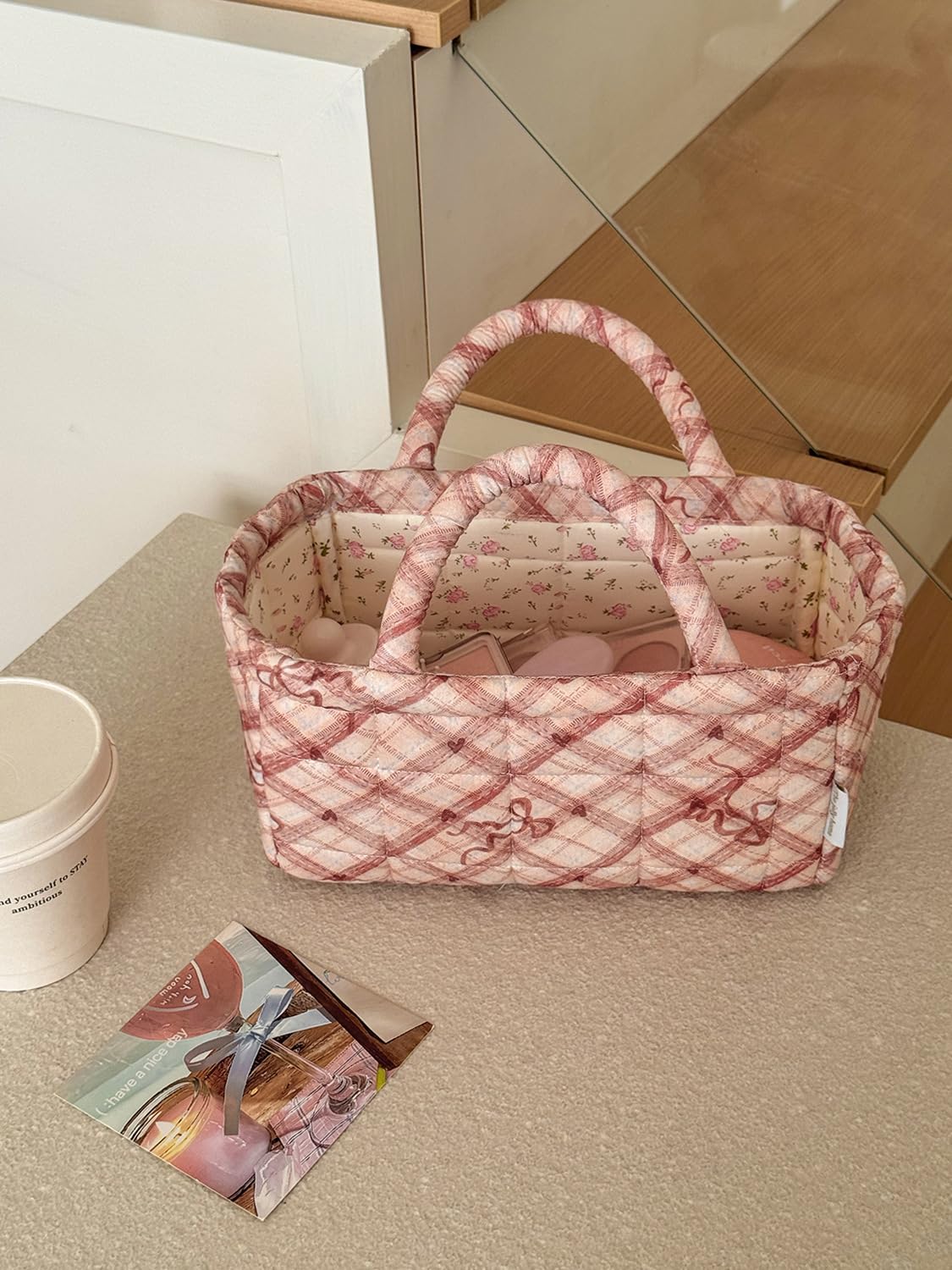 Small Storage Basket Organizer, Mini Fabric Floral Storage Baskets with Handle, Quilted Portable Collapsible Storage (Blue Floral)