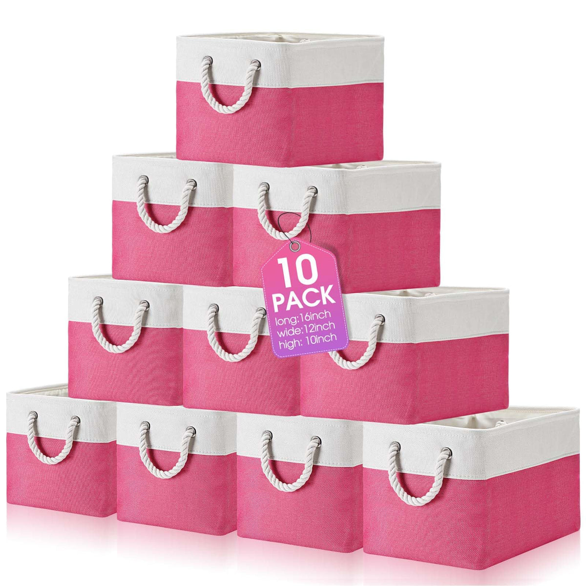 FoldTier 10 Pack Large Collapsible Fabric Storage Baskets with Handles Decorative Storage Bins for Organizing Shelves Toys Clothes(White & Beige,16 x 12 x 10 Inches)