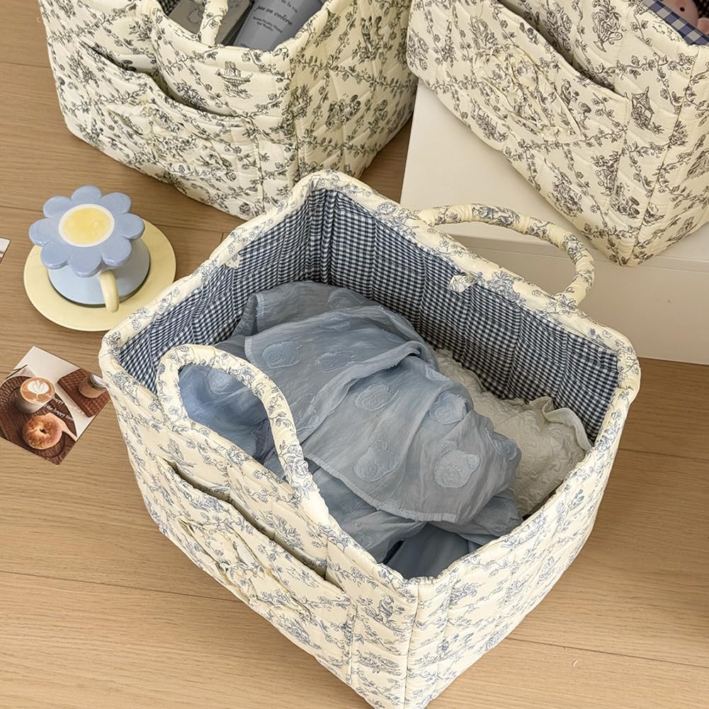 Foldable Laundry Basket Boho Bear Storage Basket Floral Quilted Fabric Car Storage Basket Handles Large Laundry Baskets for Clothes and Dolls