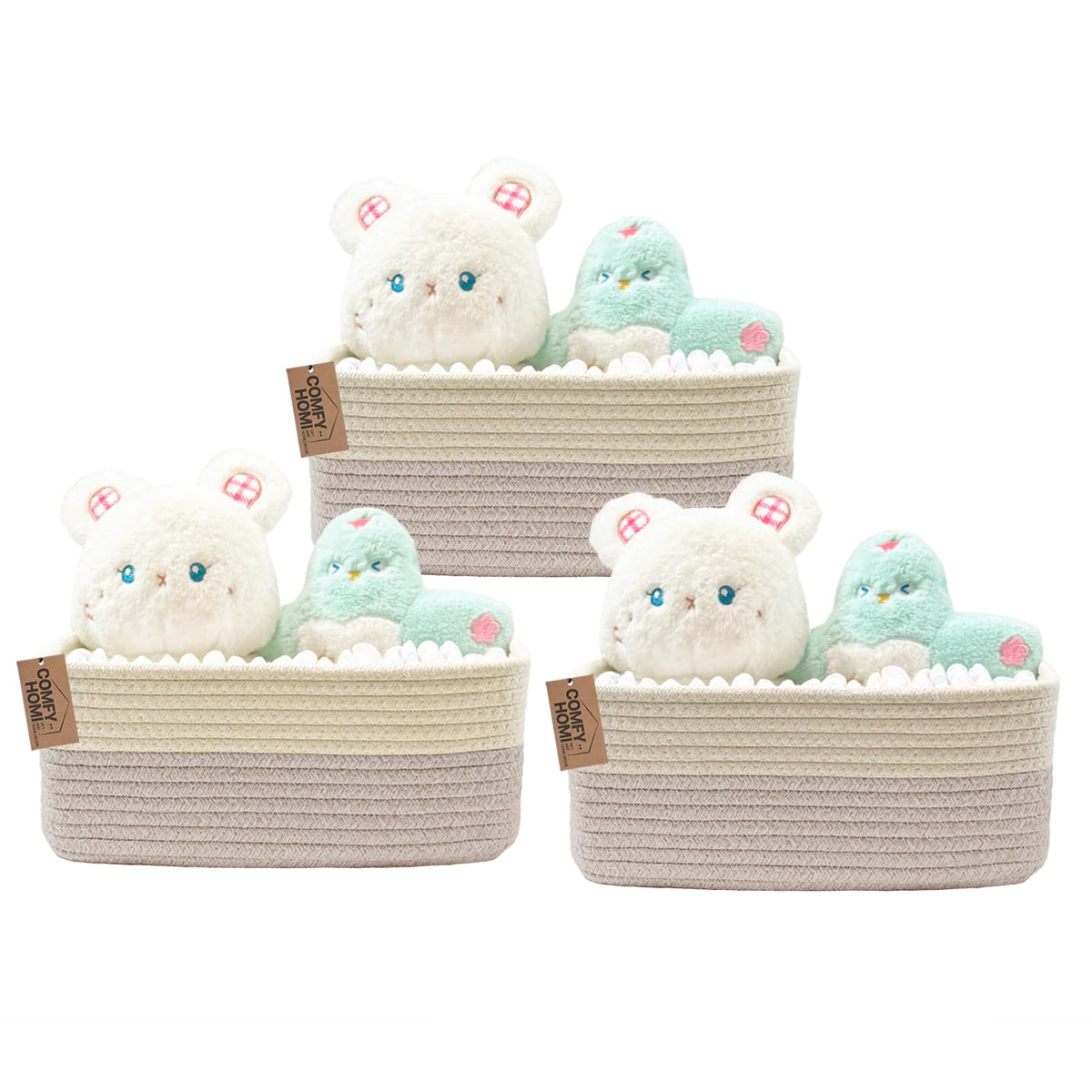 COMFY-HOMI 3PACK Cotton Rope Square Basket with Handles for Shelves|Dog Toy Bin and Storage|Baby Gift|Shoe Organizer|New 13.5" x 11" x 9.5" for Living Room (Black/Jute)