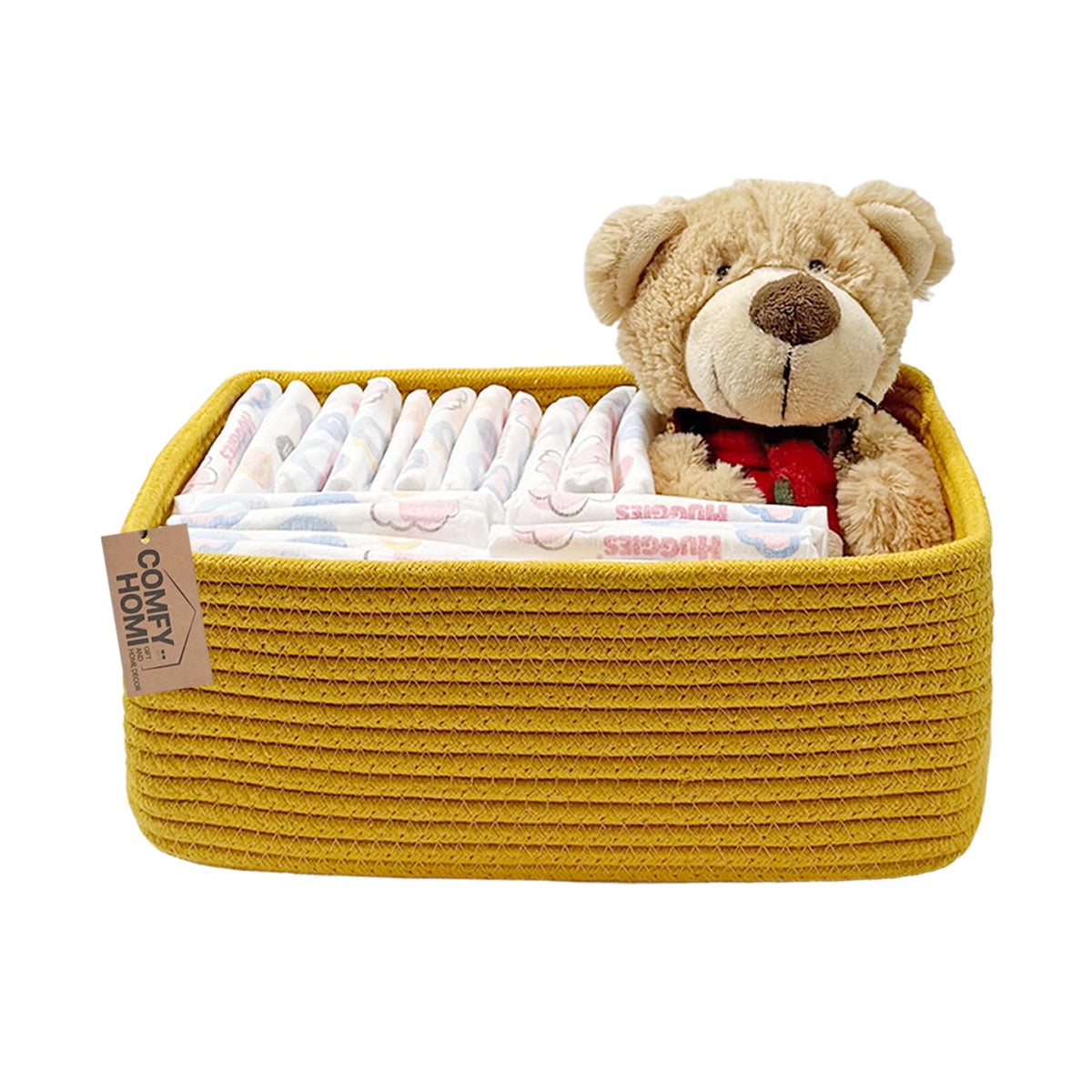 COMFY-HOMI Cotton Rope Woven Basket with Handles for Shelves,Toys,Book, Cloth Storage Baskets Bin for Organizing- 1 PCSToy Decorative Organizer for Living Room, Bathroom