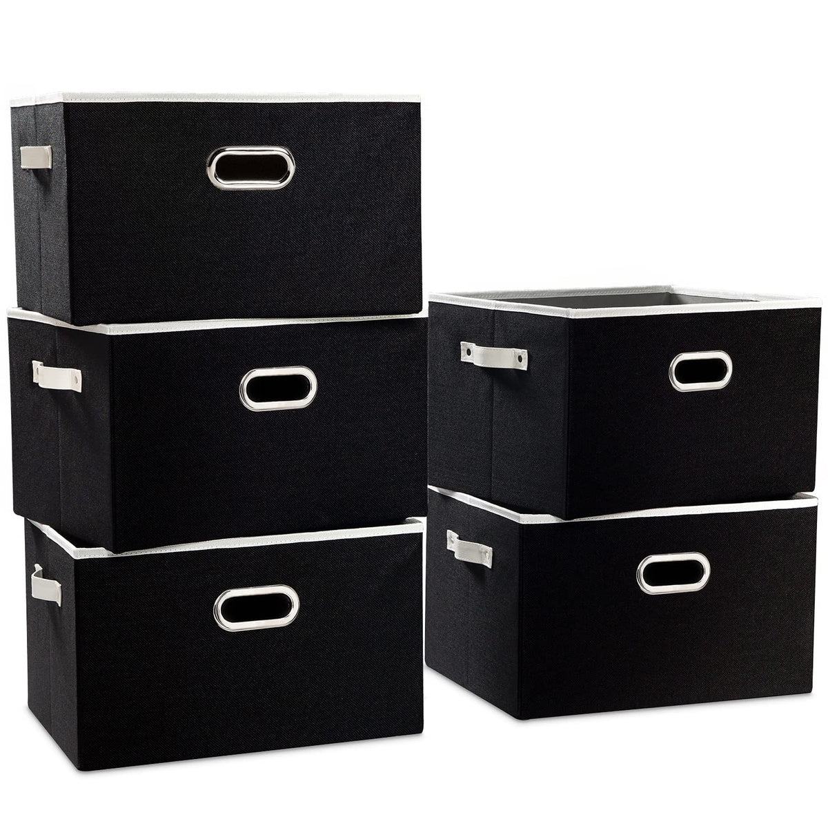 PRANDOM Large Foldable Storage Bins for Shelves [3-pack] Decorative Linen Fabric Storage Baskets Cubes with Leather/Metal Handles for Closet Nursery Office Grey and Black Trim (14.9x9.8x8.3 Inch)