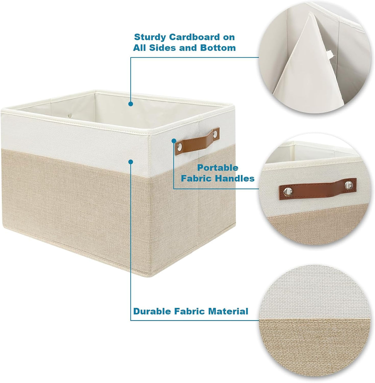 6 Pack Fabric Storage Baskets with Handles (White with Beige,15" L*10.2" W*9" H)