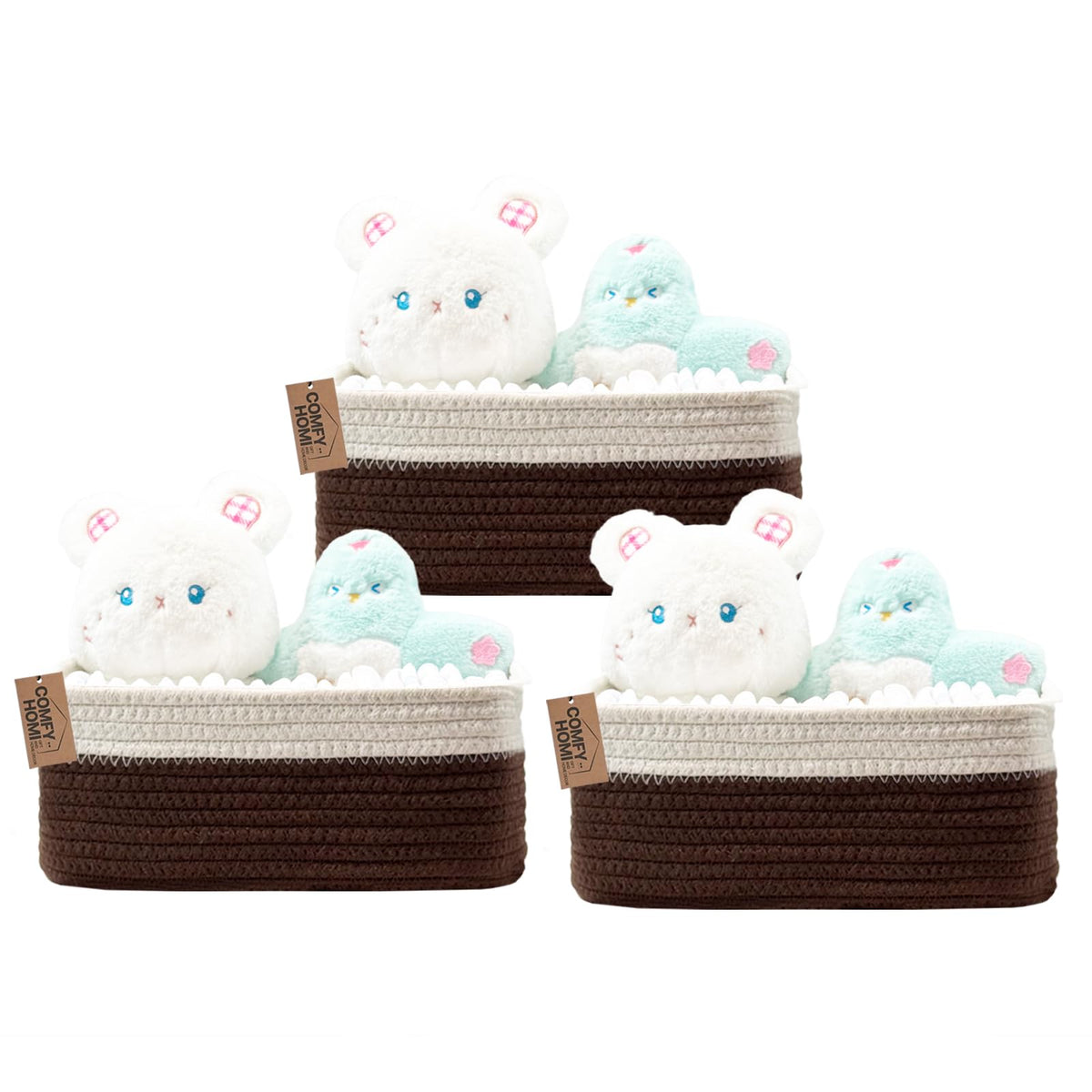 COMFY-HOMI 3PACK Cotton Rope Square Basket with Handles for Shelves|Dog Toy Bin and Storage|Baby Gift|Shoe Organizer|New 13.5" x 11" x 9.5" for Living Room (Black/Jute)