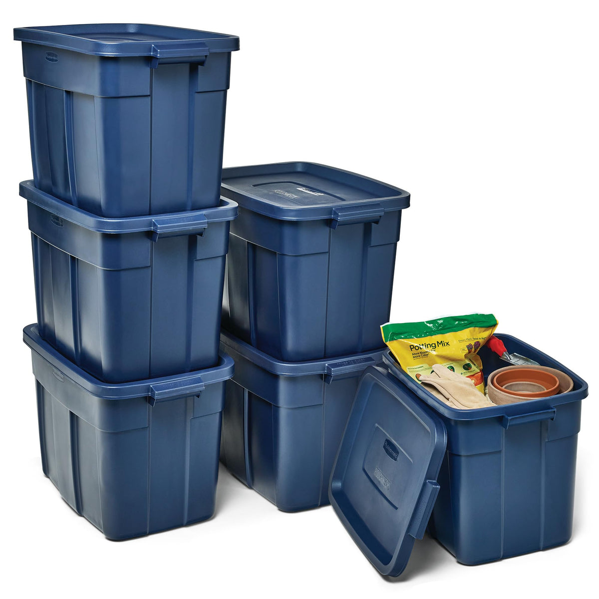 Rubbermaid Roughneck Tote 14 Gal, 6 Pack, Made in USA, Dark Indigo Metallic, Rugged Plastic Stackable Storage Bins with Lids and Handles