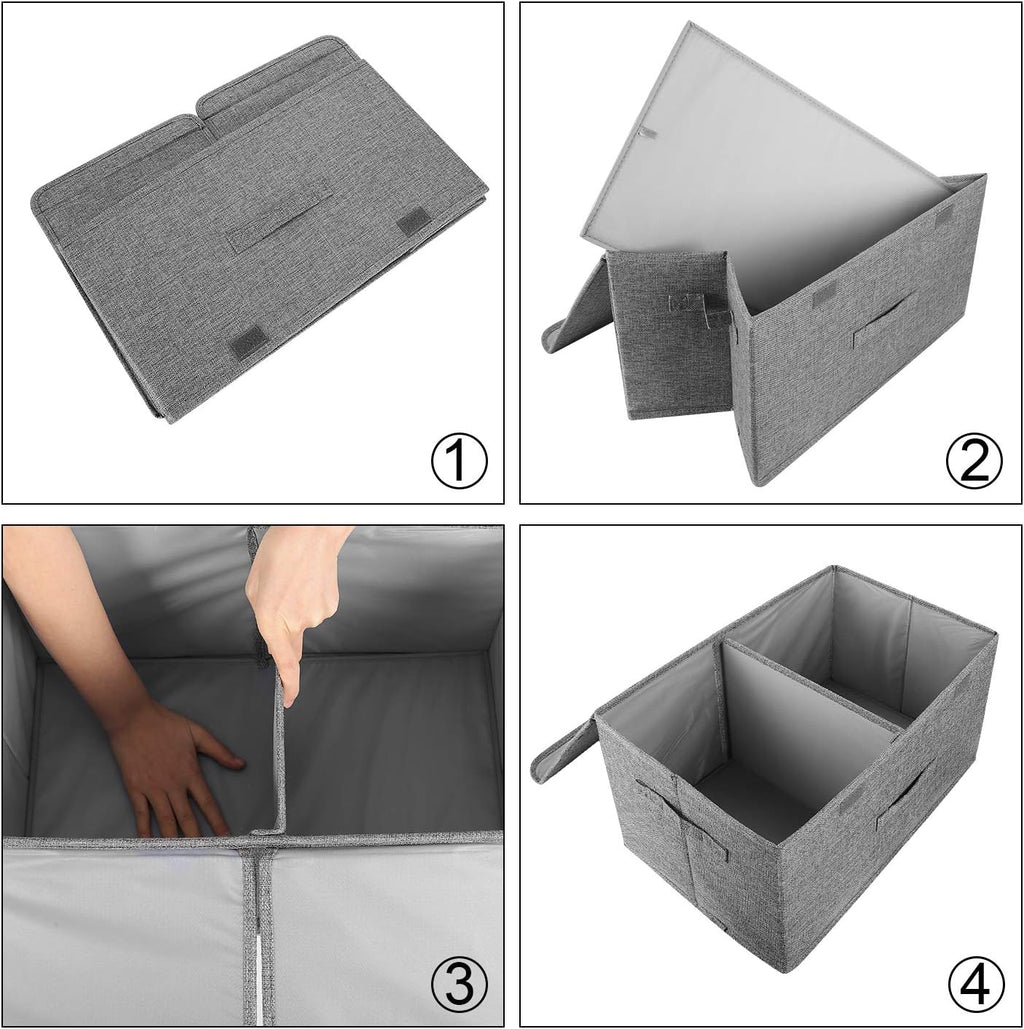 2 Pack Large Linen Fabric Collapsible Storage Bins with Lid and Handles, Washable Storage Box Baskets Cube with Removable Divider for Bedroom,Closet,Office,Living Room,Nursery (Black, Large)