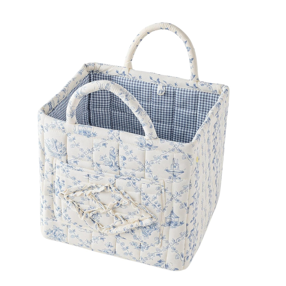 Quilted Fabric Car Storage Basket with Handles & Pocket, Foldable Laundry Hamper Boho Floral Print Organizer Bin for Home, Picnic, Office Nursery Cloth Toy 12"x10"x10" (Style E)