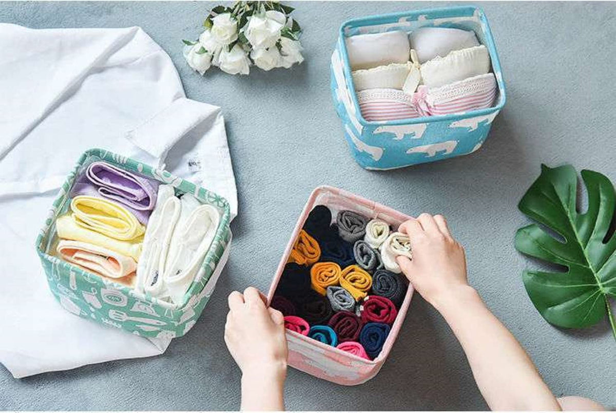 FocuH Stylish Storage Basket Cotton and Linen Fabric Mini Storage Cubes Nursery Storage Baskets with Handles for Shelves & Desks (Set of 3)