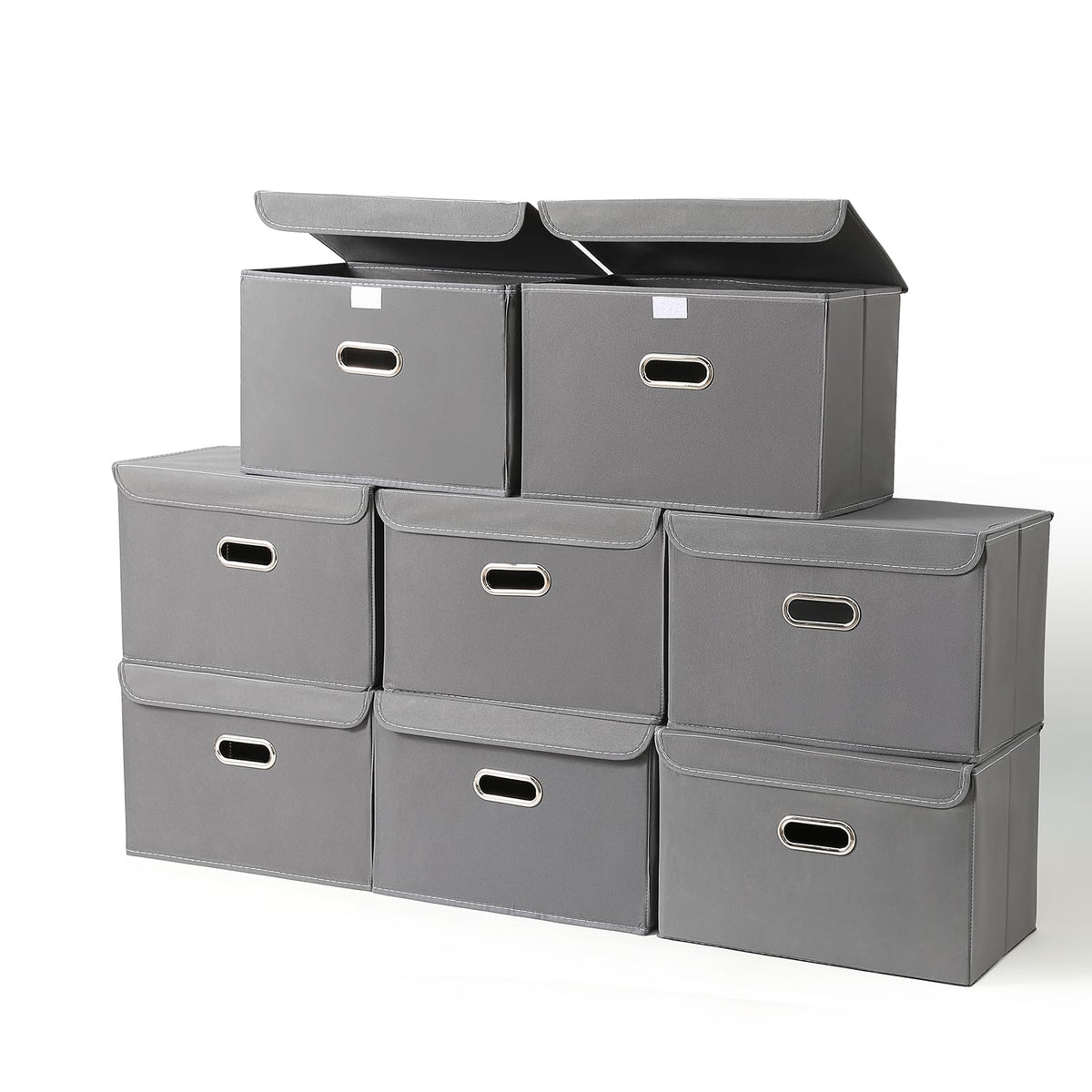 STOREONE Fabric Storage Cube Bins Foldable Organizer Container Collapsible Basket with Lids and Metal Handles, for Home, Bedroom, Closet 3 Pcs (Navy Blue)