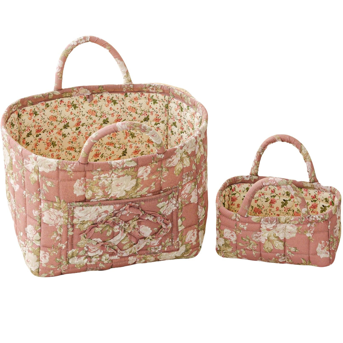 vctops 2 Pack Boho Fabric Quilted Storage Baskets for Organizing, Basket Organizer Gift Basket with Handles, Storage Bins for Toys, Books, Towels, and Clothes, Collapsible Fabric(Floral A)