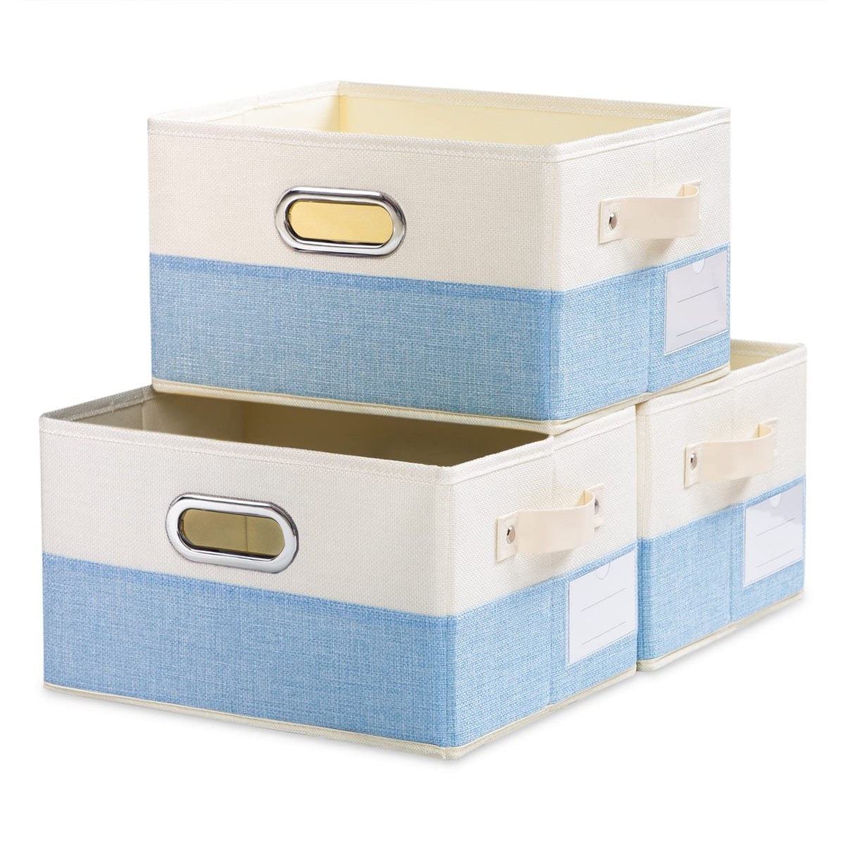 PRANDOM Large Foldable Storage Bins for Shelves [3-pack] Decorative Linen Fabric Storage Baskets Cubes with Leather/Metal Handles for Closet Nursery Office Grey and Black Trim (14.9x9.8x8.3 Inch)