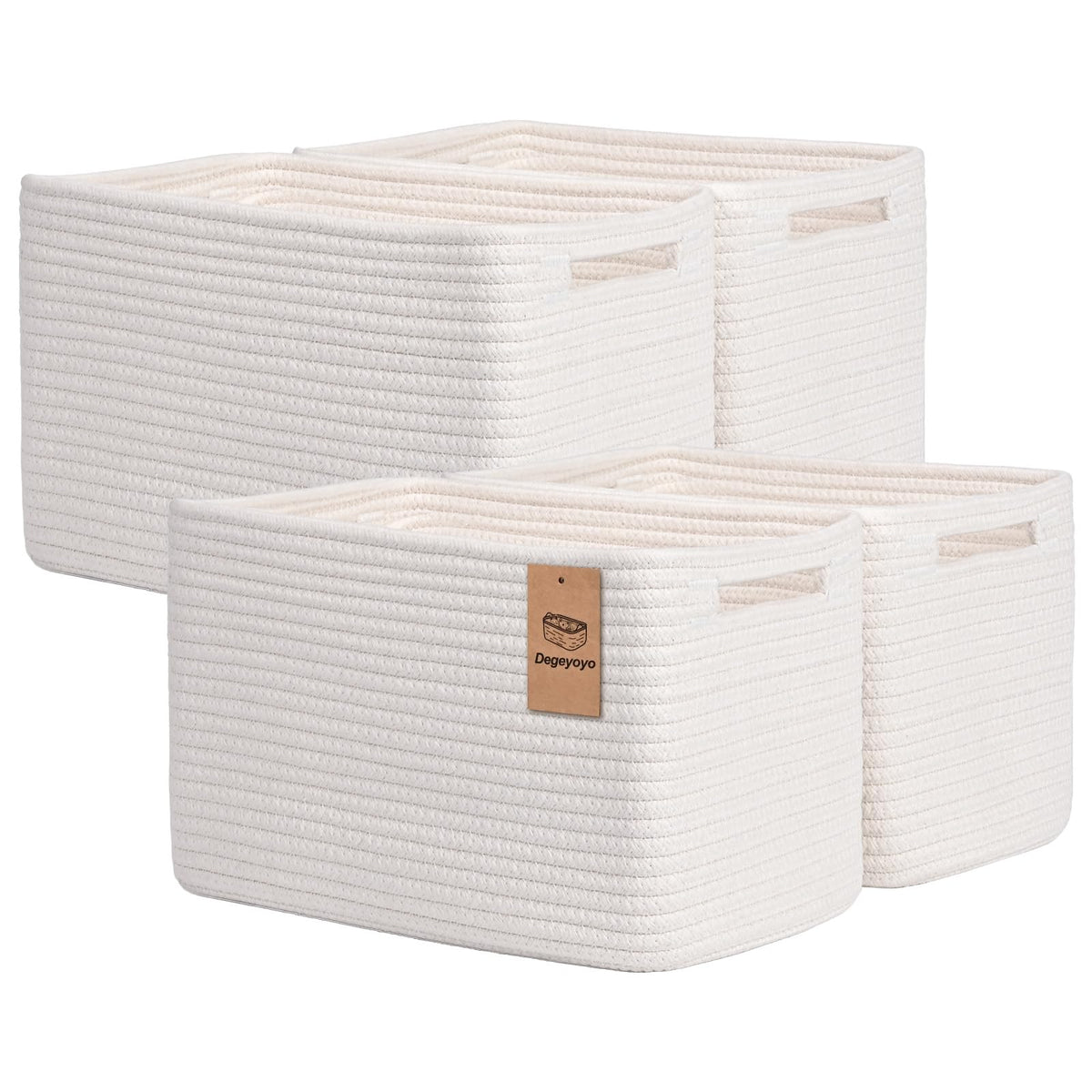 Storage Baskets for Organizing, 4 Pack Baskets for Shelves, Decorative Storage Bins for Shelves, Cotton Rope Storage Basket with Handles, Woven Basket for Storage, 13''Lx8.7''Wx7.9''H, White & Brown