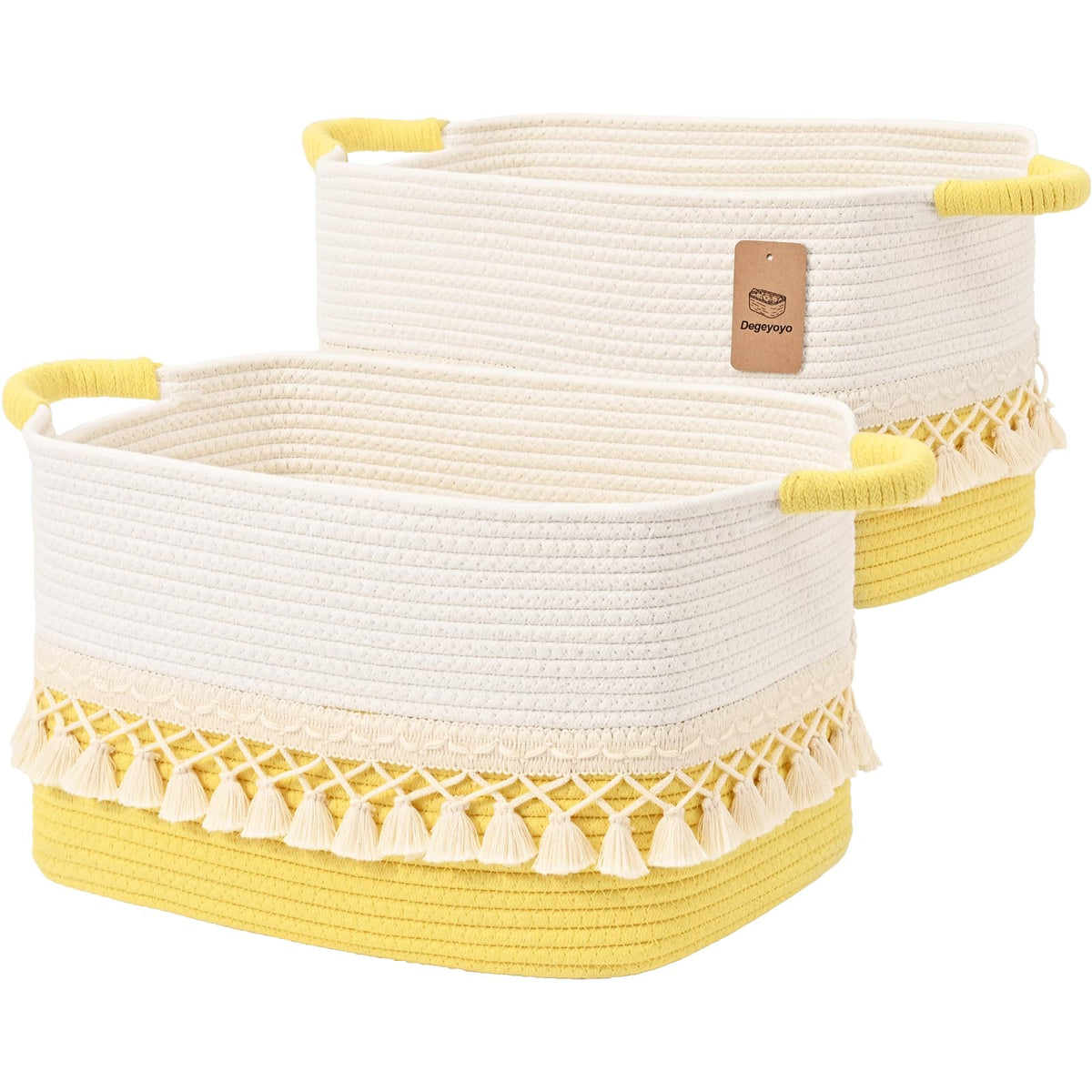 2 Pack Storage Basket for Shelves, Boho Cotton Rope Storage Bins with Heavy Tassel, Shelf Baskets Large Woven Baskets for Organizing, Cube Organizer Bins, Baby Laundry Basket for Clothes, Toys, Pets