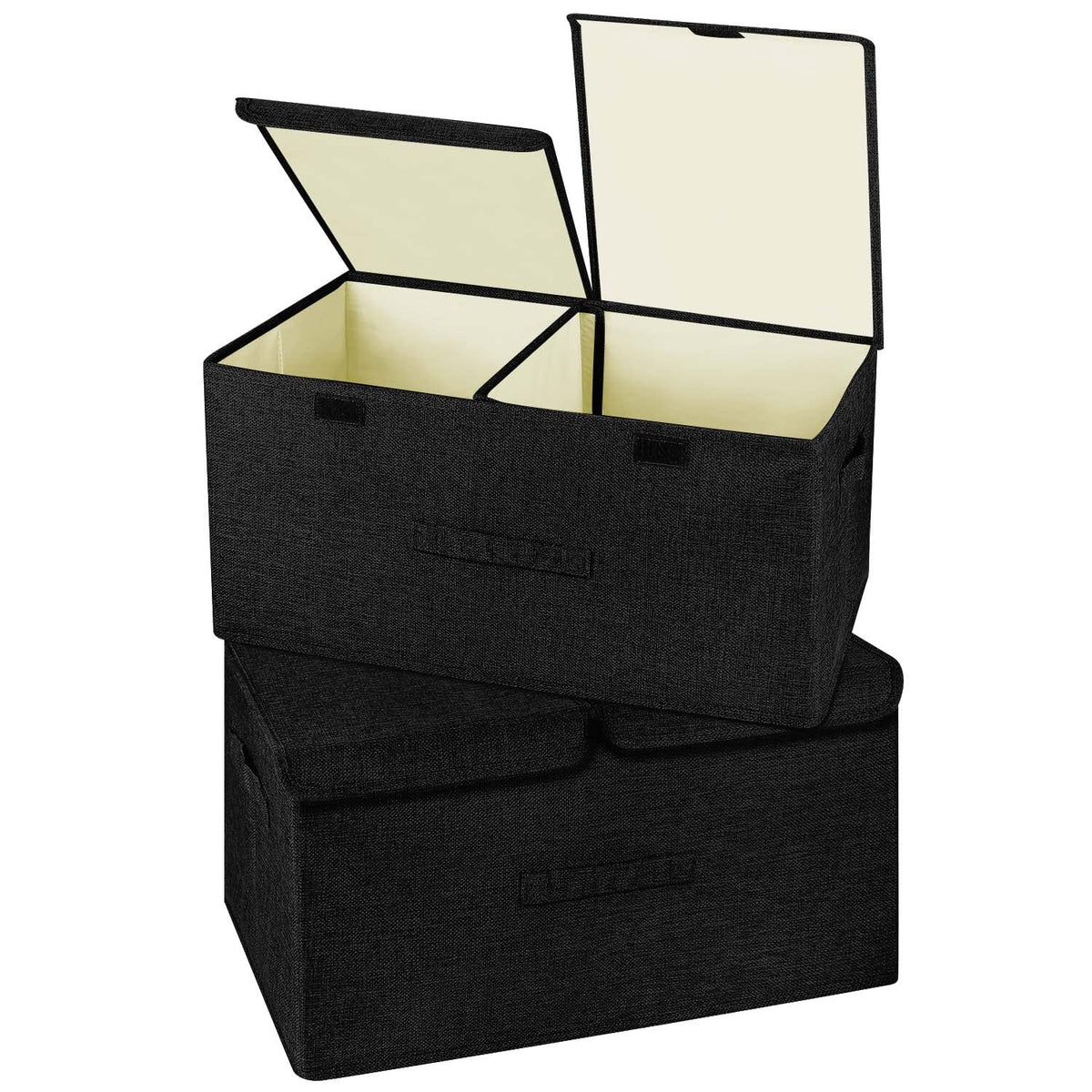 2 Pack Large Linen Fabric Collapsible Storage Bins with Lid and Handles, Washable Storage Box Baskets Cube with Removable Divider for Bedroom,Closet,Office,Living Room,Nursery (Black, Large)